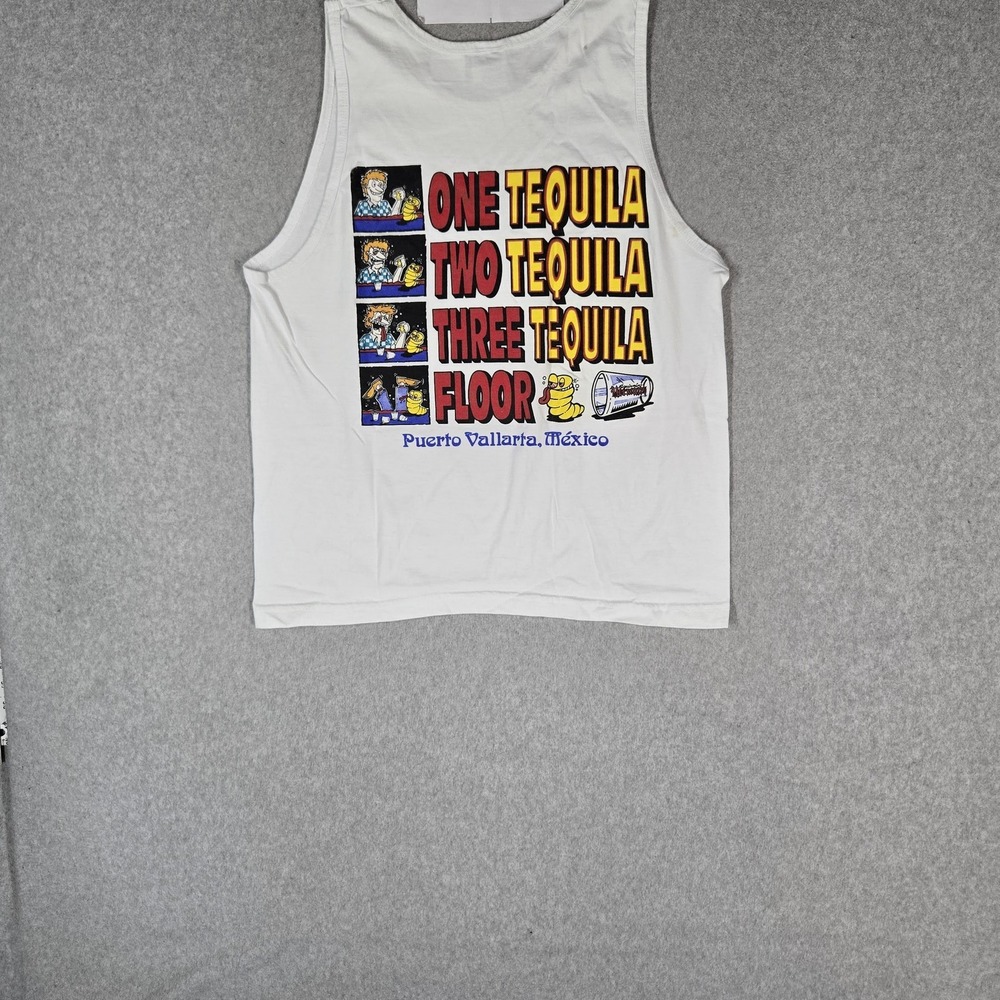 VINTAGE Mexico Men Tank Top XL White 90s Tequila Cartoon Print Sleeveless READ